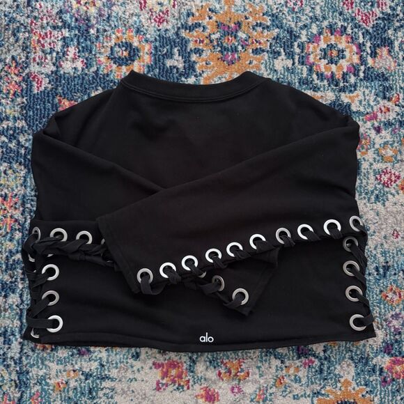 Alo Yoga Black Suspension Lace-Up Cropped Pullover Sweater Size Small* - Picture 4 of 6